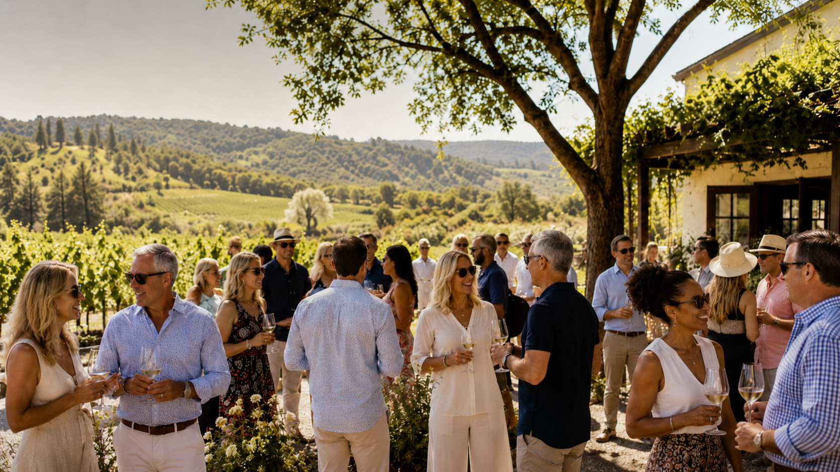Adult family gathering together over wine at a vineyard